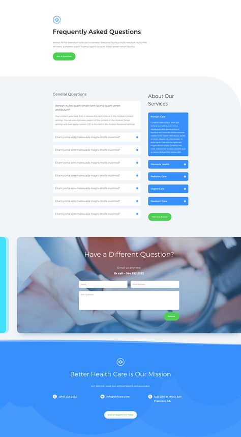 For the first layout this week, our design team created a Doctor’s Office Layout Pack that is both professional and clean (something we all love in a doctor’s office). This pack has 8 different pages designed to deliver information clearly and proficiently. The FAQ page keeps information tidy with an effective use of toggles. The services page is primed for showcasing your medical services with custom icons. And the single service page is a useful bonus. Check it out. Divi Layouts, Beautiful Web Design, Best Themes, Doctors Office, App Landing Page, Doctor's Office, Services Page, Ui Design Website, Wordpress Tutorials