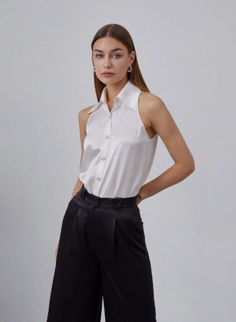 Womens Blouses Classy, Silk Top Designs, Sleeveless Collared Shirt, Silk Maison, Sleeveless Silk Blouse, Exaggerated Collar, Wool Products, Silk Shirts, Jacket Details