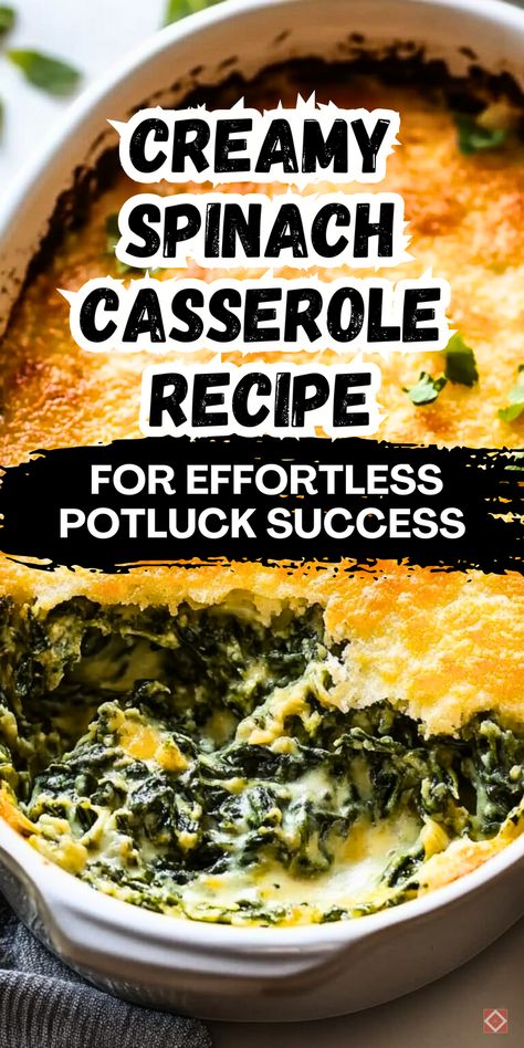 Warm and creamy, this spinach casserole is a dream come true for potlucks and family meals alike. Simple ingredients come together to create a dish that’s hearty, flavorful, and effortlessly satisfying. Make your next gathering memorable with this easy-to-follow recipe. Save it now and enjoy every bite! Easy Spinach Casserole Recipes, Creamy Spinach Casserole, Spanokita Casserole, What Can I Make With Spinach, Spinach And Cheese Casserole, Easy Spinach Casserole, Cheesy Spinach Casserole, Spinach Casserole With Cottage Cheese, Ways To Cook Spinach