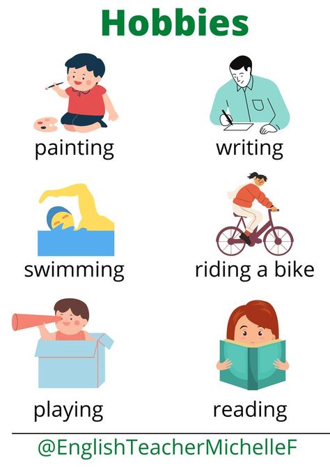 Some English vocabulary words for some popular children's hobbies, with pictures. Includes the words: painting, writing, swimming, reading, playing and riding a bike. Words Painting, Painting Writing, Free Time Activities, All About Me Activities, About Me Activities, English For Beginners, Popular Hobbies, English Phonics, Learning English For Kids