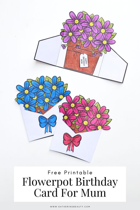 Surprise Mum with this gorgeous Printable DIY Birthday Card! This template makes it easy to create a charming fold-out pot filled with blooming flowers – the perfect way to create a gorgeous keepsake mum will love! Happy Birthday Mum Card, Happy Birthday Mum Cards, Mandala Card, Free Printable Birthday Cards, Birthday Cards For Mother, 3d Birthday Card, Happy Birthday Cards Printable, Happy Birthday Printable, Free Printable Cards