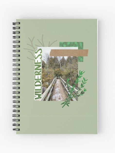 This green-aesthetic spiral notebook with a scrapbook-inspired cover is perfect for back to school! Other products with this design are available on Redbubble, including stickers Aesthetic School Book Covers Diy, Cover For Scrapbook Ideas, School Books Aesthetic Cover, Aesthetic Diary Cover Design, Book Covering Ideas School, Aesthetic Journal Front Cover, Notebook With Stickers On The Cover, Scrapbook Notebook Cover, School Book Cover Ideas Diy