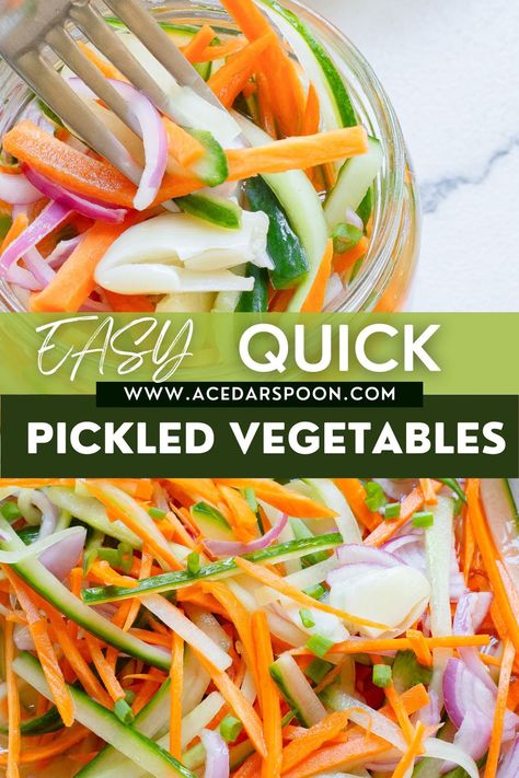 Quick Pickled Vegetables are a great way to quickly preserve vegetables you have on hand. These refrigerator quick pickled veggies add flavor to your dishes like salads, tacos, rice bowls and wraps. You can store these for up to two weeks in your refrigerator and swap out for any veggies you have on hand. Vietnamese Pickled Vegetables, Quick Pickled Veggies, Preserve Vegetables, Quick Pickled Vegetables, Pickled Vegetables Recipe, Pickled Turnips, Side Dish Ideas, Pickled Okra, Fermented Veggies