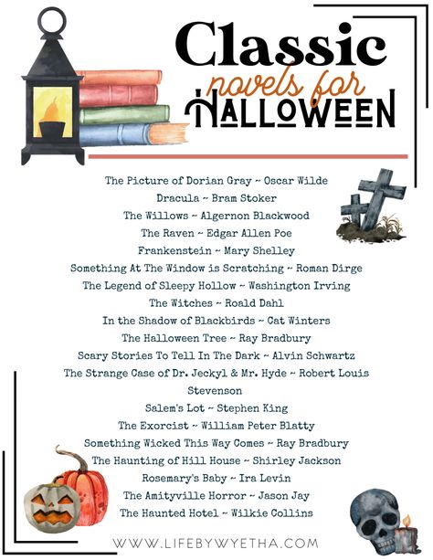 Classic Halloween Books, Classic Books To Read In Fall, Halloween Book List, Halloween Reading List, Halloween Reads, Classics To Read, Free Halloween Printables, Fall Reading List, Halloween Reading