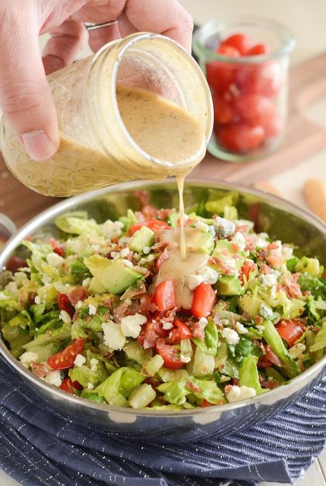 Copycat Maggiano's Chopped Salad Recipe! Crispy pancetta, avocado, tomatoes, blue cheese (or gorgonzola) and a delicious homemade dressing! Rusty Bucket Double Nickel Salad, Chopped Ceasar Salad Recipes, Copycat Salad Recipes, Famous Salads, Maggianos Chopped Salad, Simple Salad Recipes, Gorgonzola Dressing, Romaine Hearts, Chopped Salad Recipe