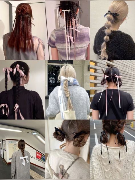 2 Ribbon Hairstyle, Tied Hair Hairstyles, Two Braids With Ribbon, How To Tie Ribbon In Hair, Tie Up Hairstyles, One Hair Tie Hairstyles, Tied Hairstyle, Hairstyle With Ribbon, Hairstyles Ribbon