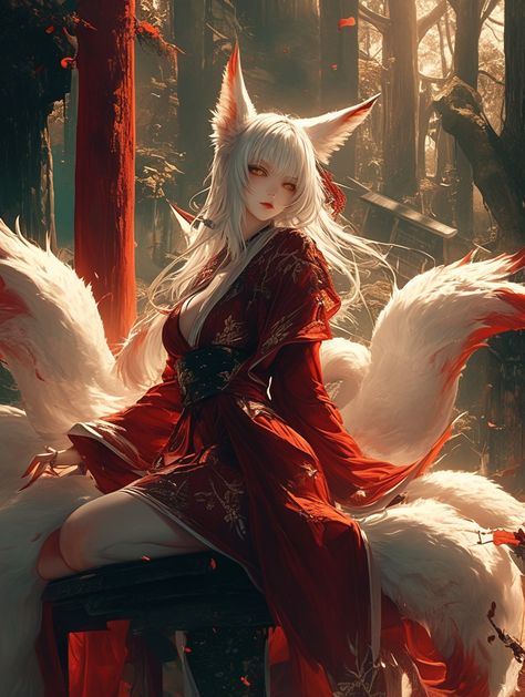 Kitsune Background, Fox Woman Art, Kitsune Artwork, Kitsune Girl Art, Anime Fox Female, Kitsune Art Character Design, White Hair Character Design Female, Kitsune Female, Kitsune Woman