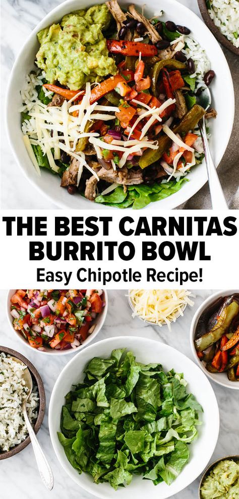 Healthy Carnitas Recipe, Pork Chipotle Bowl, High Protein Burrito Bowl, Pork Burrito Bowl Recipe, Carnita Rice Bowls, Carnitas Bowl Recipe, Carnitas Rice Bowl Recipe, Carnitas Rice Bowl, Healthy Carnitas