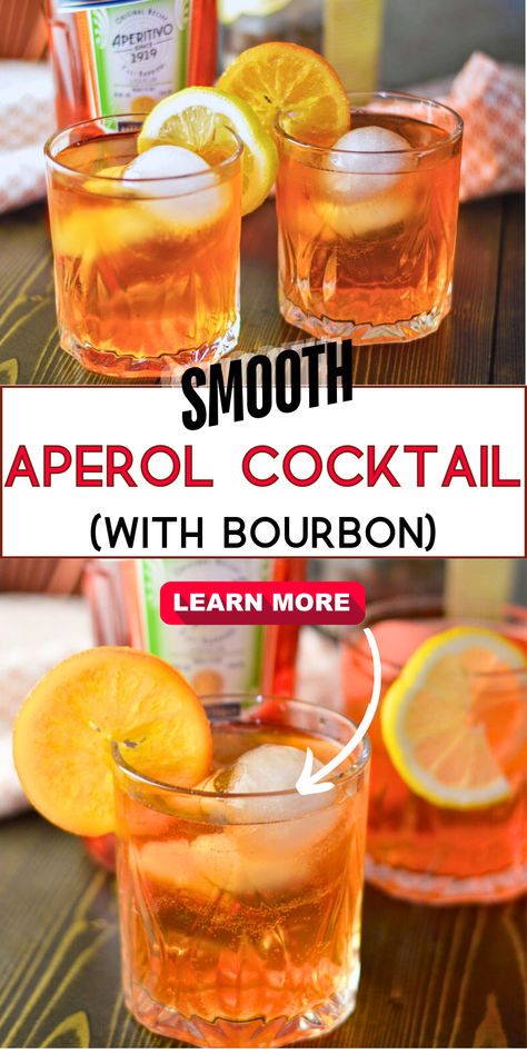 2 photos showing aperol cocktails with lemon and orange slices as garnishes with aperol in background. Aperol Cocktail Recipes, Aperol Drinks, Easy Crowd Meals, Alcoholic Cocktails, Bourbon Cocktails, Mocktail Recipe, Food For A Crowd, Cocktail Making, Delicious Cocktails