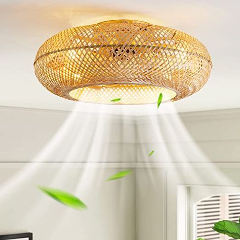 Amazon.com: hummingbird 20" Boho Ceiling Fans with Lights and Remote,Rattan Flush Mount Ceiling Fan with Light, Low Profile Enclosed Bladeless Ceiling Fan Reversible,Rustic Farmhouse Bamboo Caged for bedroom : Tools & Home Improvement Boho Ceiling, Coastal Pendant Lighting, Bladeless Ceiling Fan, Bamboo Ceiling, Caged Ceiling Fan, Ceiling Fan Bedroom, Ceiling Fans With Lights, Fans With Lights, Flush Mount Ceiling Fan