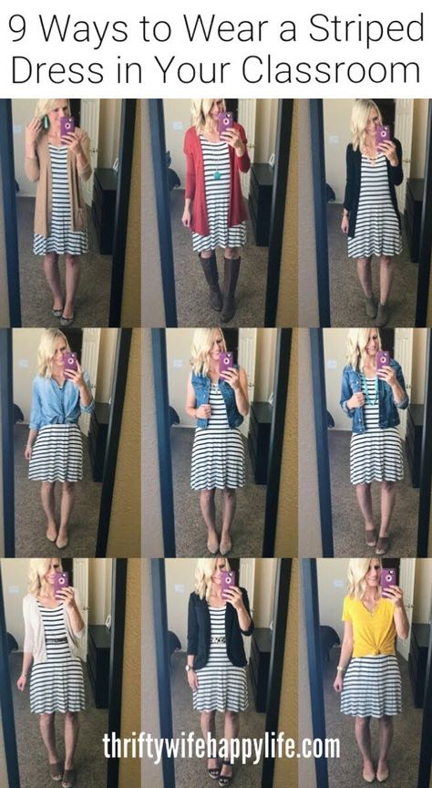 When you work with the same people every day, you start to learn about their wardrobe. I try to never wear the same exact look twice. I repeat my clothes all the time, but I just wear them in different ways. That's why I wanted to share 9 ways that you can style a striped dress to wear in your classroom. This way you can still repeat your clothes, without repeating your outfit. #teacheroutfits #stripedress Striped Dress Fall Outfit, Back To School Teacher Outfits, School Teacher Outfits, Striped Dress Outfit, School Teacher Outfit, Teaching Clothes, Teacher Outfit Ideas, Polo 6r, Teacher Attire