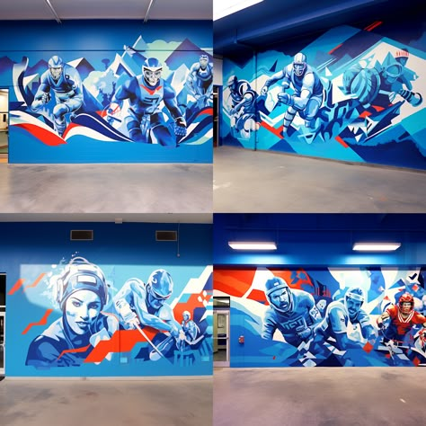 Sports Wall Painting Ideas For School, Sports Mural, Basketball Wall Mural, Gym Graffiti Fitness Murals, Sports Mural Street Art, Installation Street Art, Street Installation, Sport Illustration, Photo Mural