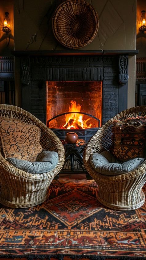 Cozy Fireplace Setting: Inviting rattan armchairs positioned by a warm, crackling fire in a stylishly decorated room. #fireplace #warmth #cozy #armchairs #rattan #aiart #aiphoto #stockcake ⬇️ Download and 📝 Prompt 👉 https://ayr.app/l/JCYT Chair By The Fireplace, Decorated Room, Room Fireplace, Fireplace Set, By The Fireplace, Rattan Armchair, Cozy Fireplace, The Fireplace, Go Camping