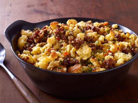 Chorizo and Cornbread Stuffing Recipe | Aarón Sánchez | Food Network Chorizo Stuffing, Cornbread Stuffing Recipes, Cornbread Stuffing, Dish Ideas, Thanksgiving Stuffing, Food Network Magazine, Stuffing Recipes, Roasted Peppers, Fall Treats