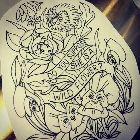 Alice flowers tat Black And White Alice In Wonderland Tattoo, Do You Suppose Shes A Wildflower Tattoo, Traditional Alice In Wonderland Tattoo, Alice In Wonderland Flower Tattoo, Dark Alice In Wonderland Tattoo Ideas, Wonderland Flowers Tattoo, Alice In Wonderland Flowers Tattoo, Alice In Wonderland Sleeve, Alice In Wonderland Drawing