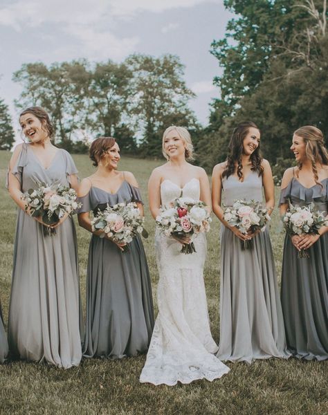 Jenny Yoo Bridesmaids, various mix n match long luxe chiffon styles in a shades of blue and grey. These styles feature unique flutter sleeve details, v-necklines, convertible straps and high halter necklines! These mismatched modern and boho bridal party dresses would be stunning for a spring or summer wedding. Wedding Photography by Teale Gunter. #bohobridaljewelryjewels Chiffon Styles, Bridal Parties Colors, Wedding Photography Bridal Party, Jenny Yoo Bridesmaid, Grey Bridesmaids, Stunning Bridesmaid Dresses, Grey Bridesmaid Dresses, Gray Wedding, Summer Wedding Colors