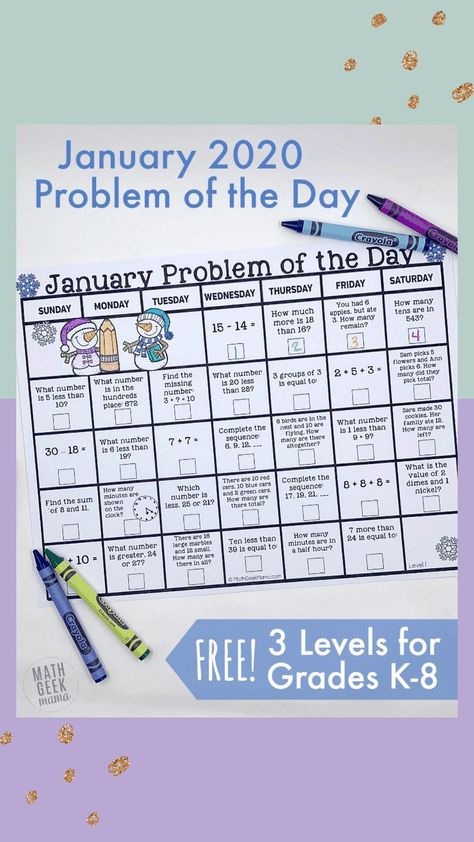 These are so popular among teachers and homeschoolers can be used for grades K-8!  Get your FREE January 2020 math problem of the day calendar today!  #mathlesson #mathproblemoftheday #homeschoolmath #elementarymath Math Month Ideas, January Math Activities, Math Problem Of The Day, Math Calendar, January Math, Math Activities For Preschool, Calendar Math, Math Geek, Multiplication Games