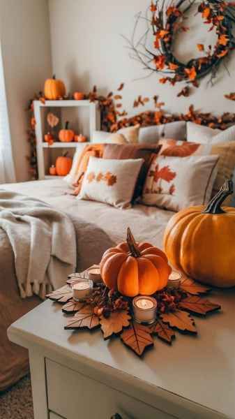 Search Halloween Themed Bedroom, Minimalist Holiday Decor, Cozy Fall Bedroom, Fall Bedding, Rustic Fall Decor, Fall Bedroom, Fall Outdoor Decor, Halloween Displays, Fall Inspo