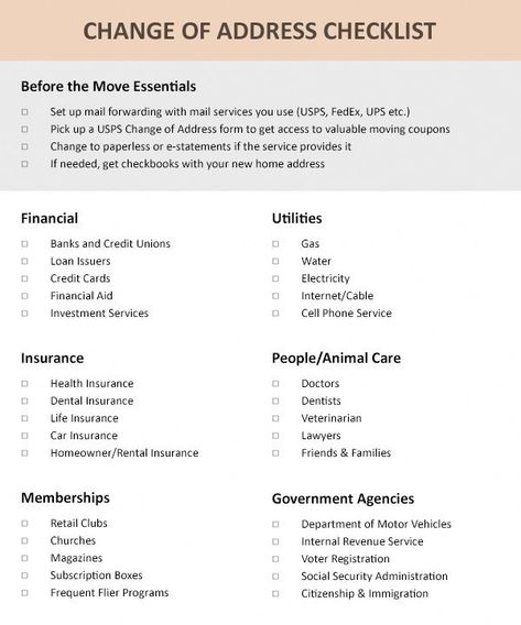 Change Address Checklist, Change Of Address Checklist, Moving List, Moving House Tips, Moving Hacks Packing, New Home Checklist, Address Change, Apartment Checklist, Moving Checklist