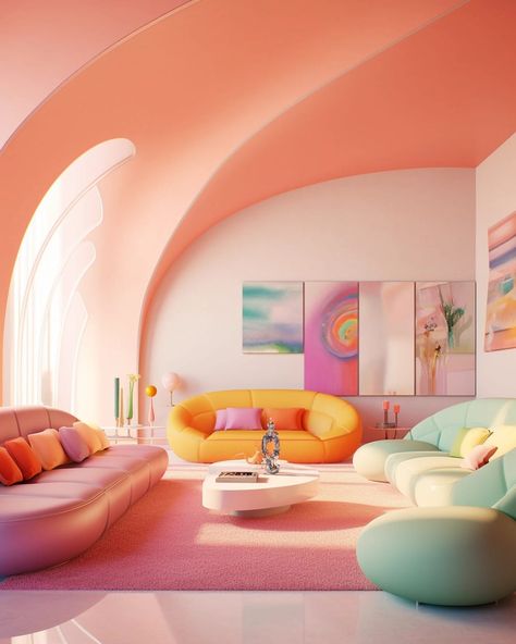 A bold combination of pastel colours makes for a joyful yet serene living room. Image generated by Midjourney AI. Pastel Living Room Decor, Pastel Living Room Ideas, Living Room Earthy, Colour Living Room, Living Room Pastel, Grey Living Room Ideas, Pastel Interior Design, Estilo Kitsch, Sage Green Living Room