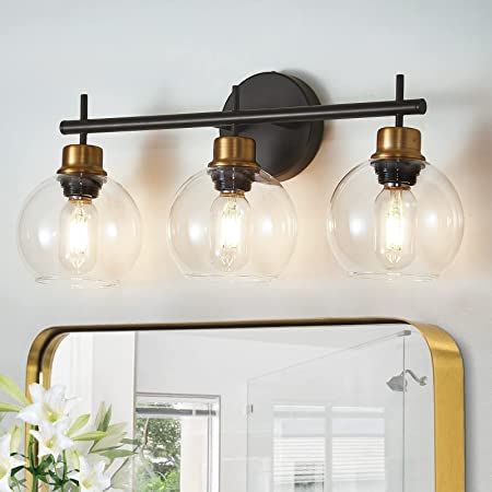 Bathroom Light Fixtures, 3 Light Black and Gold Bathroom Vanity Light, Vanity Lights with Metal Base, Clear Glass Globe Shades, Bathroom Light for Mirror, Bedroom, Living Room, Kitchen, Stairs - - Amazon.com Black And Gold Bathroom, Bathroom Vanity Light, Bathroom Light, Vanity Lights, Gold Bathroom, Bathroom Light Fixtures, Vanity Light, Black And Gold, Light Fixtures