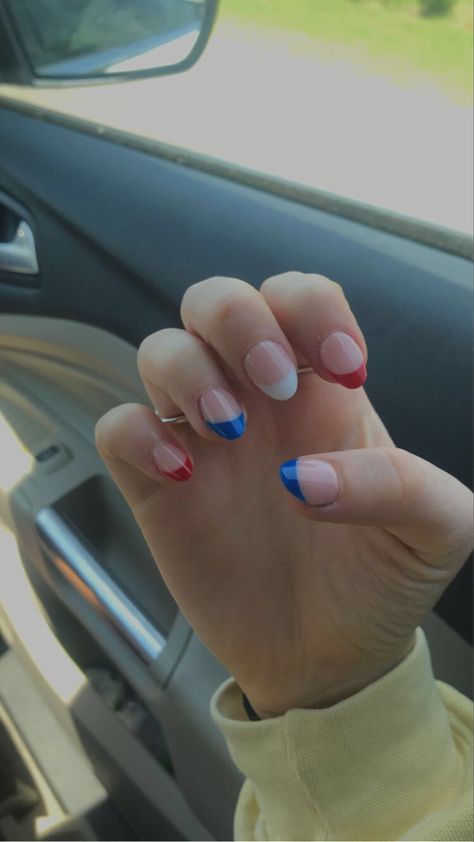 Forth Of July French Tips, Fourth Of July French Tips, Subtle America Nails, 4th Of July Nails French Tips, Bright Blue And White Nails, Red And Blue Almond Nails, Easy Red White And Blue Nails Simple, Red Blue And White Nails, Fourth Of July Nails French Tips