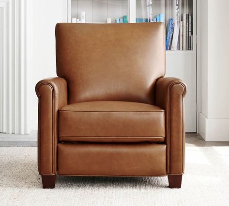 Pottery Barn Recliner, Iv Lounge, Modern Traditional Living Room, Stylish Recliners, Recovering Chairs, Gold Finch, 3 Season Porch, Brown Leather Chairs, Living Room Redesign