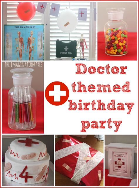 Doctor themed birthday party with ideas for food, decorations and party games! Doctor Party Ideas, Doctor Birthday Party, Medical Themed Parties, Nursing Party, Medical Party, Doctor Birthday, Doctor Party, Nurse Party, Graduation Party Games