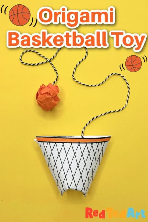 This March... make some fun paper ball & cup toys and see who can score more hoops, with this easy Origami Basketball Paper Toy! A fun craft and toy for March Madness and Basketball fans. Paper Basketball Hoop, Basketball Crafts For Preschoolers, Paper Mache Basketball, Basketball Diy Projects, Sport Arts And Crafts For Kids, Sports Crafts For Kids Art Projects, 20 Minute Crafts For Kids, March Madness Activities For Kids, Volleyball Crafts For Kids