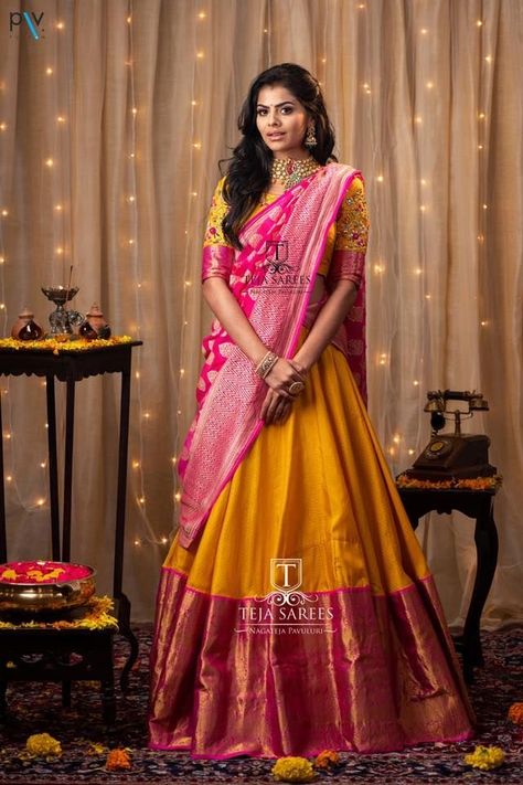 Latest Indian Blouse Patterns, Pattu Dhavani, Langavoni Designs, Benarasi Dupatta, Ballon Decoration, Silk Half Saree, Saree Model, Lehenga And Blouse, Jump Suits