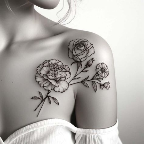 Small Tattoo Ideas Patchwork, Marigold Tattoo Black And Grey, Daffodil Chest Tattoo, Carnation Collar Bone Tattoo, Marigold Chest Tattoo, Rose Marigold Tattoo, Woman’s Neck Tattoos, Carnation Shoulder Tattoo, Marigold And Rose Flower Tattoo