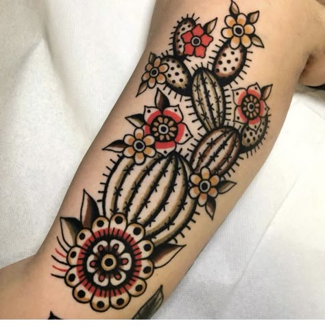 Tradional Tattoo Ideas For Women, Nopal Tattoo Traditional, American Traditional Cactus, Traditional Tattoo Feminine, Cactus Sleeve Tattoos For Women, American Traditional House Plant Tattoo, American Traditional Feminine Tattoos, American Traditional Cactus Tattoo, Traditional Calf Tattoo