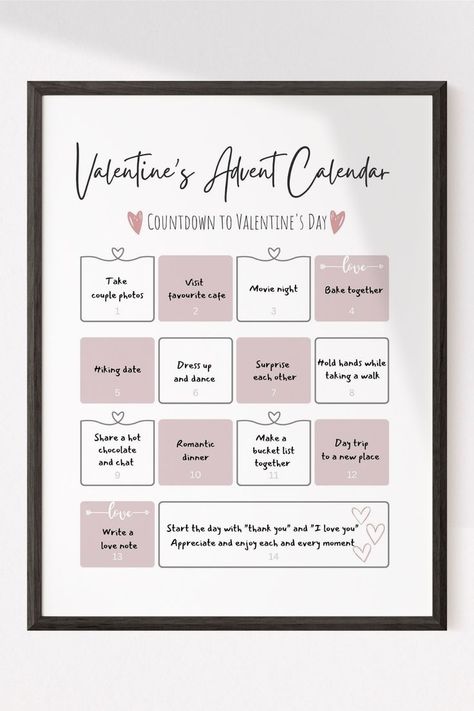 valentine's advent calendar Valentine Day Calendar, Valentine Calendar, Cute Activities, Activities For Couples, Unique Date Ideas, Calendar Examples, Date Activities, Couple Activities, Valentines Couple