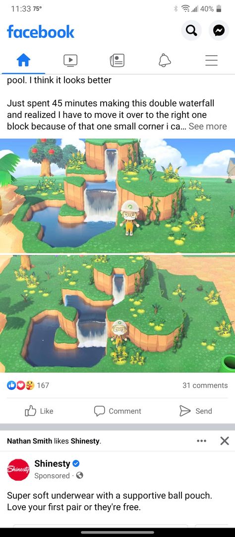 Acnh Pond Design Ideas, Acnh Waterfall Design, Waterfall Design Animal Crossing, Anch Ponds, Waterfalls Animal Crossing, Acnh Island Pond Ideas, Acnh Small Waterfall, Acnh Waterfall Idea Entrance, Water Terraforming Animal Crossing