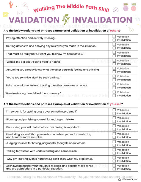 DBT Validation Worksheet for Kids and Teens Self Validation, Dbt Skills Worksheets, Counselling Activities, Coping Skills Worksheets, Counseling Worksheets, Dbt Skills, Social Skills Groups, Mental Health Center, Behavior Interventions