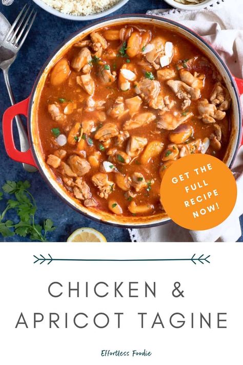 An easy Moroccan chicken and apricot tagine, perfect for busy weeknights! Chicken Apricot, Moroccan Chicken Tagine, Turkish Chicken, Chicken Couscous, Apricot Recipes, Chicken Tagine, Apricot Chicken, Tagine Recipes, Almond Chicken