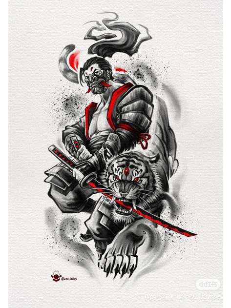 Samurai Tiger Tattoo Design, Samurai Tattoo Design Ideas For Men, Tiger Samurai Tattoo, Samurai Tiger Tattoo, Japanese Animal Tattoo, Japanese Samurai Tattoo Design, Tiger Tattoo Design Men, Japanese Dragon Tattoo Art, Japon Tattoo