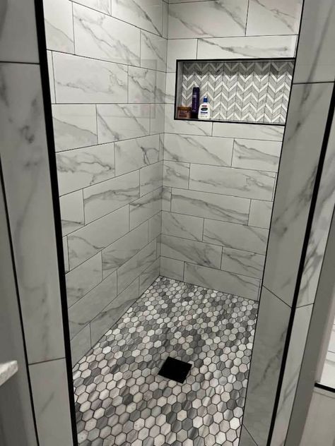 White Master Bath, Tile Bathrooms, Black Tile Bathrooms, Future Bathroom, Bath Tile, Full Bathroom Remodel, Black Tile, Bathroom Diy, Bath Tiles