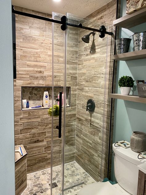 Bathroom Shower Tile Ideas, Bathroom Shower Ideas, Rustic Bathroom Shower, Shower Tile Ideas, Bathroom Accent Wall, Farmhouse Shower, Rustic Bathroom Designs, Small Bathroom Makeover, Bathroom Redesign