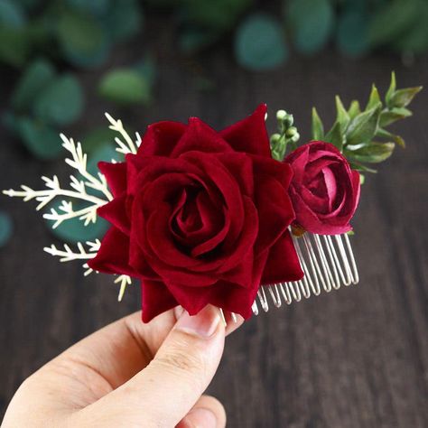 Autumn Hair Accessories, Flower Jewelry Designs, Bridal Hair Accessories Flower, Red Rose Wedding, Floral Comb, Hair Comb Bridal, Floral Hair Combs, Hair Comb Accessories, Bride Headpiece