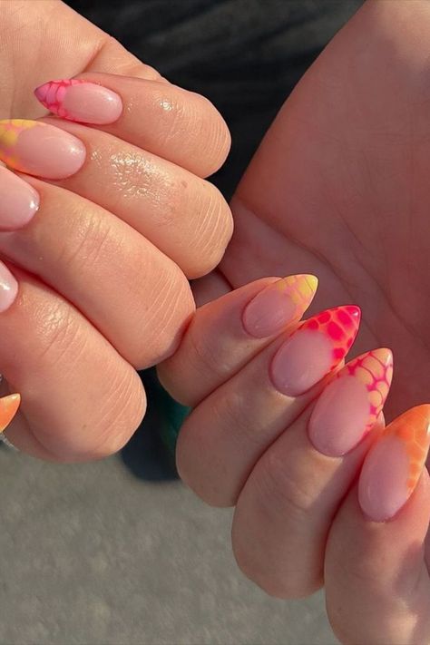 These summer nails by @nailsbysue__ (IG) feature a bold crocodile pattern in shades of orange, combined with vibrant pink and yellow accents. The mix of colors and unique texture creates a playful and eye-catching design perfect for the season. Looking for the perfect orange summer nails? Check out these 25 creative designs that combine vibrant colors and unique patterns for a fresh and fun look. Find your next favorite style here! Yellow Crocodile Nails, Vacation Nails Pink And Orange, Orange Summer Nails, Crocodile Nails, Summer Nail Ideas, Summer Nail Designs, Vacation Nails, Crocodile Pattern, Yellow Accents