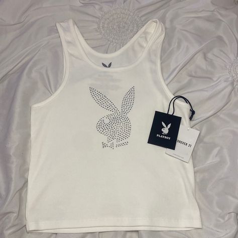 White Tank Top With Playboy Logo In Rhinestones Trashy Outfits, Playboy Logo, White Crop Tank, Trashy Y2k, Shein Outfits, Summer Inspo, Forever21 Tops, Dolce E Gabbana, Virtual Closet