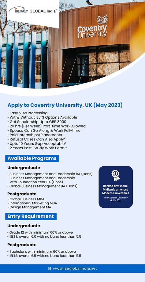 Coventry University is now accepting applications for the May 2023 intake! If you are interested in studying at this world-renowned institution, be sure to submit your application today. Coventry University, Study In Uk, Top Universities, Full Time Work, May 2023, Global Business, Coventry, Colleges And Universities, To Study