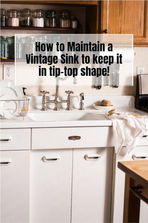 Vintage sinks require regular maintenance and love. It' not that complicated at all. Vintage Sinks, Cottage Kitchen Inspiration, Vintage Kitchen Sink, Vintage Sink, Bar Keepers Friend, Baking Soda Cleaning, Dawn Dish Soap, Acidic Foods, Mild Cleanser