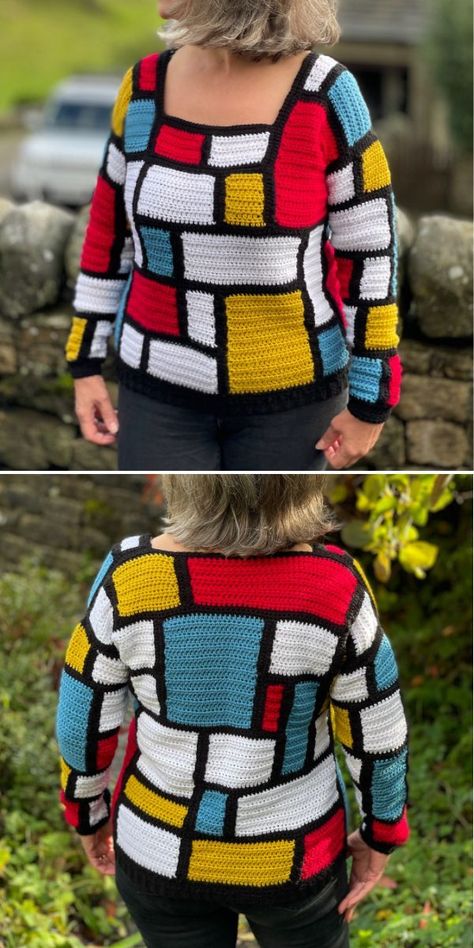 Crochet Sweaters For Women. This fantastic crochet sweater in the pictures below is the work by Clare Lyndhurst and isn’t it just a piece of art? It’s a piece, that’s inspired by the work of the artist Piet Mondrian. It builds blocks of colour in turned rows of hdc and it’s really quick to make! #freecrochetpattern #women #sweater Color Block Sweater Pattern, Crochet A Shrug, Cute Crochet Sweater, Crochet Sweaters For Women, Diy Crochet Cardigan, Crochet Sweater Top, Diy Crochet Sweater, Sweater Dress Pattern, Feminine Crochet