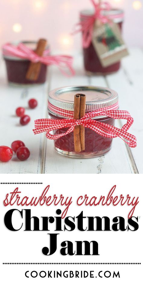 Sweet and juicy strawberry cranberry jam is the perfect Christmas jam for holiday gift giving. Sweet strawberries and tart cranberries are with holiday spices such as cinnamon, vanilla and nutmeg. #christmasfood #holidayrecipes #jam #cranberries Christmas Jam No Pectin, Christmas Jam Crockpot, Small Batch Christmas Jam, Christmas Jam With Powdered Pectin, Jelly Gift Ideas, Strawberry Cranberry Jam Christmas, Cranberry Jam Easy, Spiced Cranberry Jam, Christmas Spice Jam