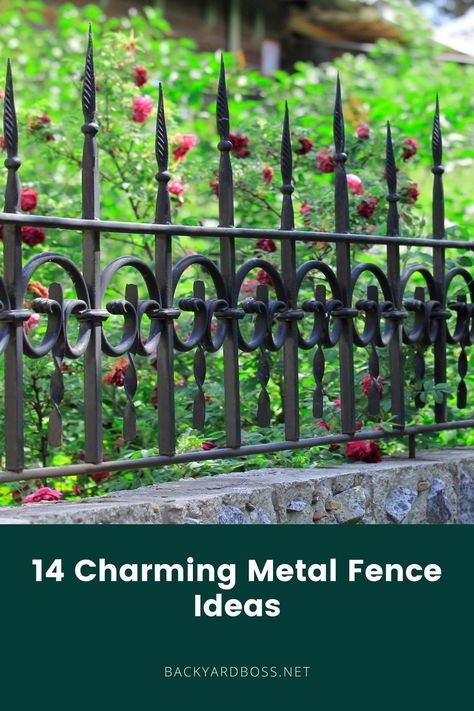 If you want to increase the curb appeal of your property, making it look beautiful, you have to surround it with a metal fence. Since there are plenty of designs to choose from, today we prepared 14 charming metal fence ideas so you can find something suitable! Front Yard Wrought Iron Fence Ideas, Iron Fencing Ideas Front Yards, Wrought Iron Fencing Ideas, Wrought Iron Garden Fence, Decorative Iron Fence, Garden Border Fence Ideas, Low Wrought Iron Fence Front Yard, European Fence Design, Brick And Wrought Iron Fence