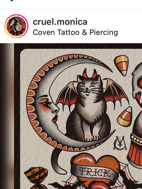 Traditional Kitten Tattoo, Orange And Black Cat Tattoo, Trad Fox Tattoo, Cat American Traditional Tattoo, Traditional Christmas Tattoo, Cat Tattoo American Traditional, American Traditional Tattoos Animal, Halloween Cat Tattoo, American Traditional Cat Tattoo