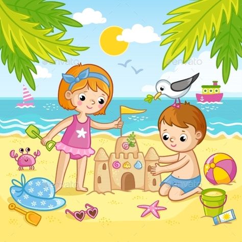 Boy and a Girl Building a Castle From the Sand - People Characters Building A Castle, Cartoon Drawing For Kids, Picture Comprehension, Illustration Beach, Coloring Books For Kids, Castle Drawing, Beach Drawing, Picture Composition, Beach Illustration