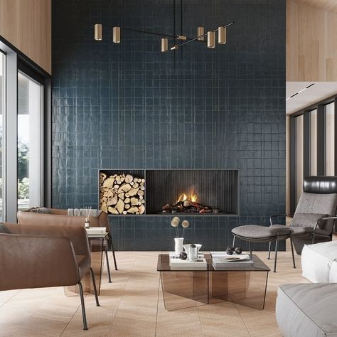 Nimbus 17.6 in. x 47 in. Textured Maastricht Blue Ceramic Rectangle Wall Tile (17.23 sq. ft./case) (3-pack) - Bed Bath & Beyond - 39510562 Modern Electric Fireplace Tile, Modern Metal Fireplace, Porcelain Tile Fireplaces, Midcentury Fireplace Wall, Hotel Lobby Fireplace Design, Tile Feature Wall Living Room, Copper Tile Fireplace, Tiled Modern Fireplace, Modern Fireplace Tile Surround